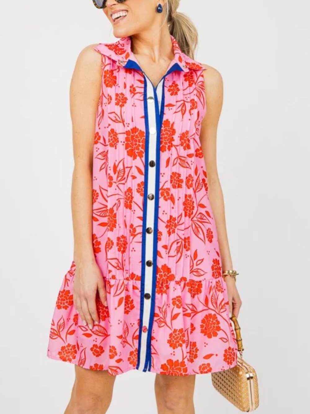 THML Stripe Trim Button Up Flower Dress - Picture 2 of 6